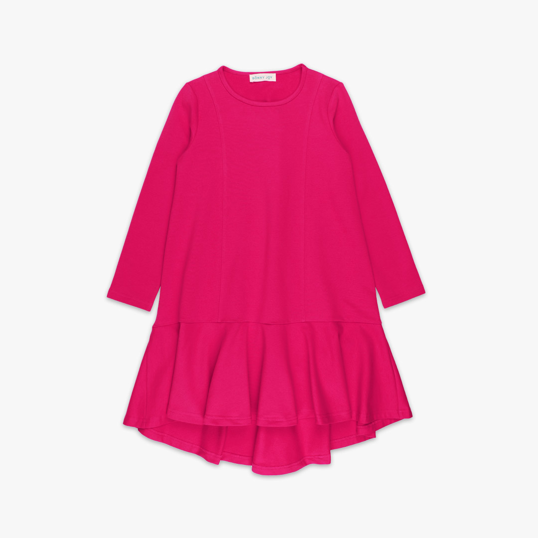 Loose dress is a loose fit dress, that goes wider to the bottom. It is longer on the back with a wide frilled trim at the bottom. Dress is in raspberry colour. Children, 3 -10 yrs. BonnyJoy - in front