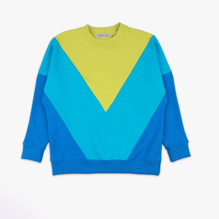 Batwing sweatshirt is a loose fit top with triangular form color blocks. It comes in a combo of three colours - bright lime, electric blue and deep blue. Front view, the sweatshirt itself. Children, 3 -10 yrs. BonnyJoy