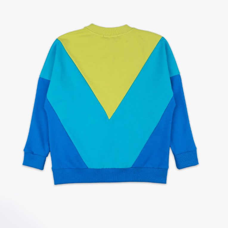 Batwing sweatshirt is a loose fit top with triangular form color blocks. It comes in a combo of three colours - bright lime, electric blue and deep blue. Back view, the sweatshirt itself. Children, 3 -10 yrs. BonnyJoy