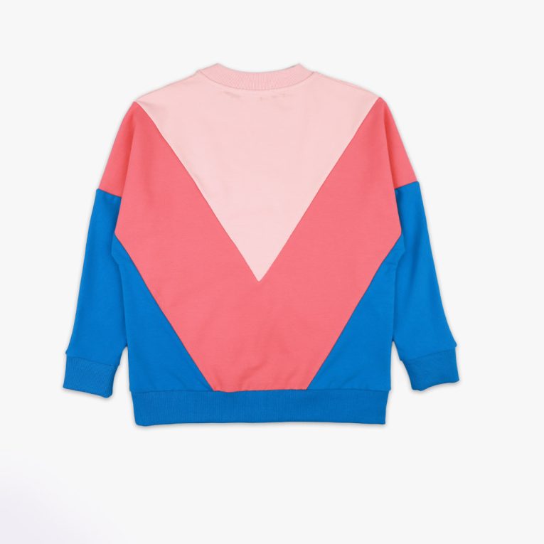 Batwing sweatshirt is a loose fit top with triangular form color blocks. It comes in a combo of three colours - powder, salmon and deep blue. Back view, the sweatshirt itself. Children, 3 -10 yrs. BonnyJoy