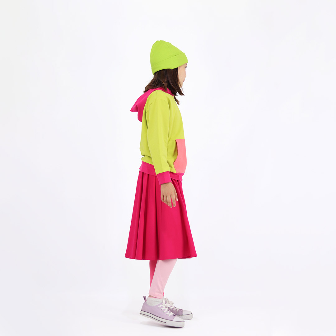 Colour Block Sweatshirt is a regular fit hooded sweatshirt with a kangaroo pocket in front. Front and back and right sleeve in bright lime colour. The hood and the hand cuffs - raspberry. The pocket and the left sleeve - salmon. Right side view. Children, 3 -10 yrs. BonnyJoy