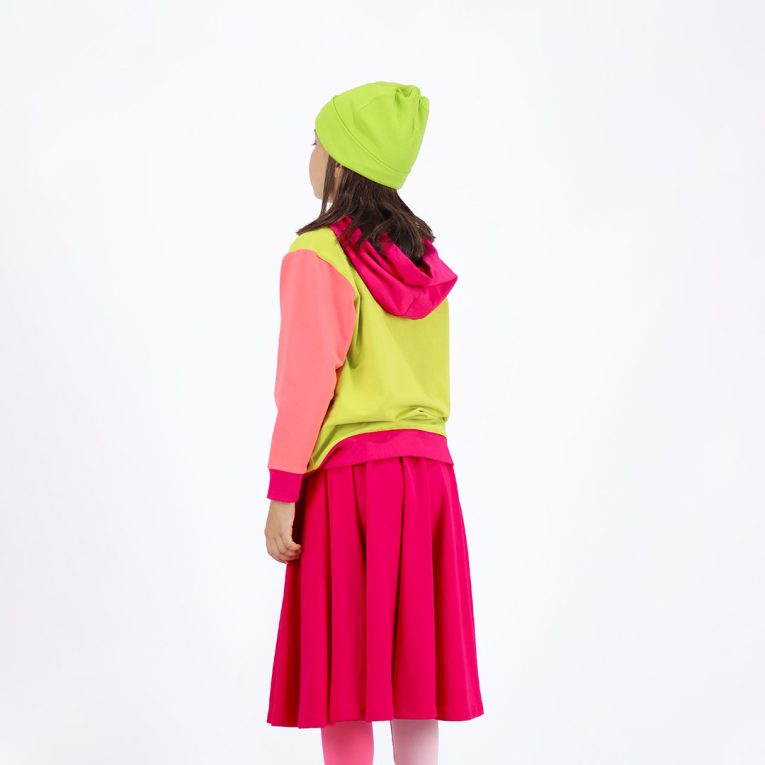 Colour Block Sweatshirt is a regular fit hooded sweatshirt with a kangaroo pocket in front. Front and back and right sleeve in bright lime colour. The hood and the hand cuffs - raspberry. The pocket and the left sleeve - salmon. Back view. Children, 3 -10 yrs. BonnyJoy