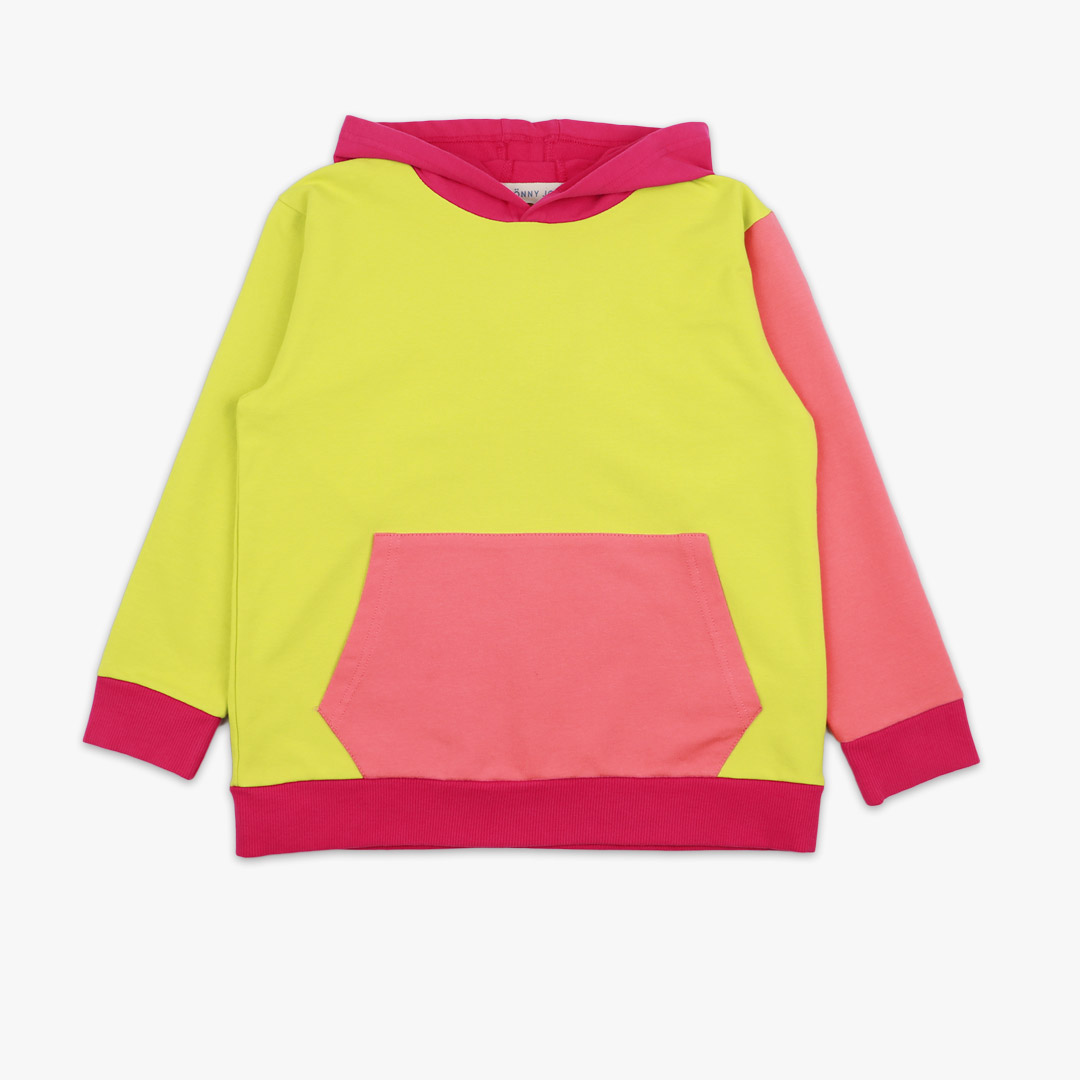 Colour Block Sweatshirt is a regular fit hooded sweatshirt with a kangaroo pocket in front. Front and back and right sleeve in bright lime colour. The hood and the hand cuffs - raspberry. The pocket and the left sleeve - salmon. Front view, the sweatshirt itself. Children, 3 -10 yrs. BonnyJoy