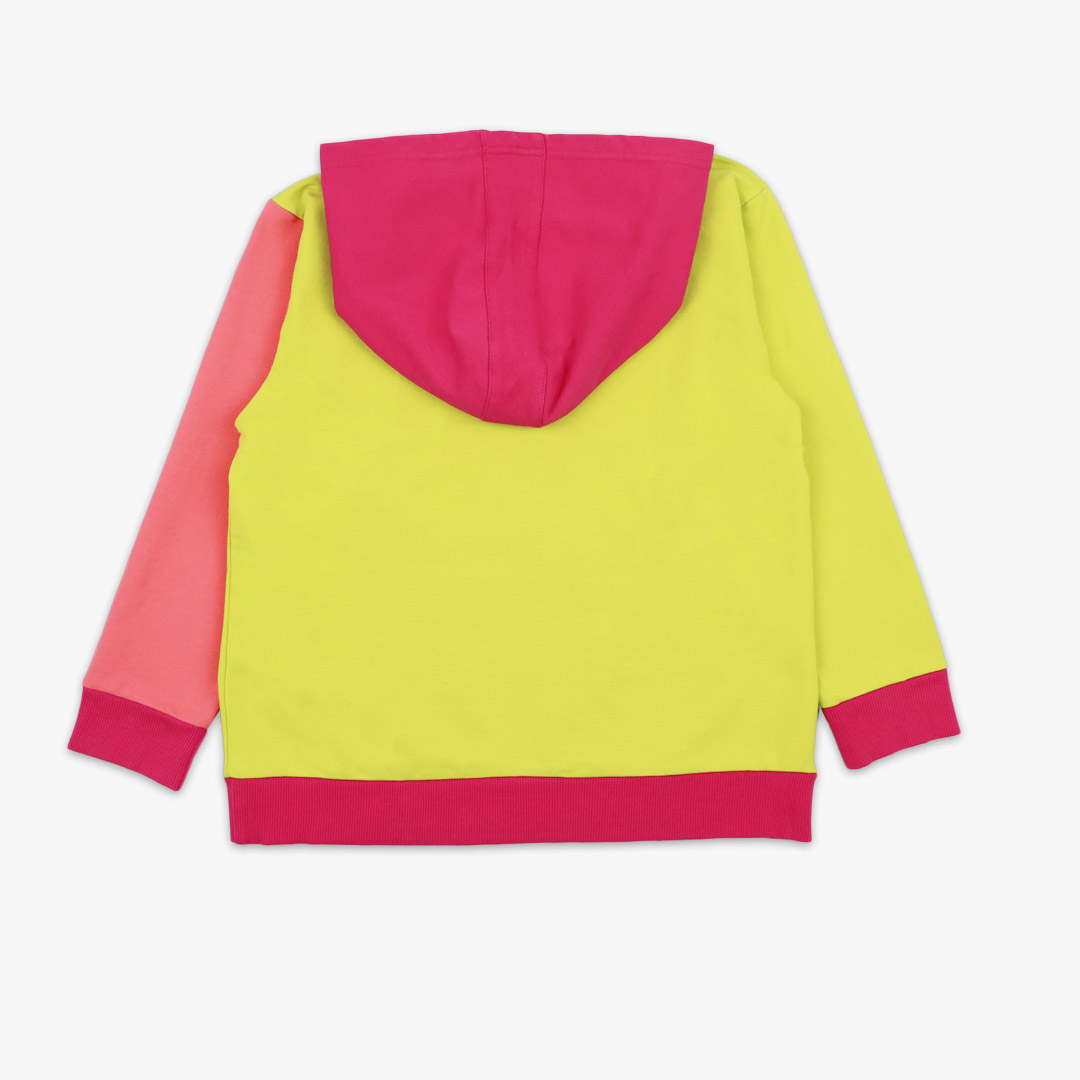 Colour Block Sweatshirt is a regular fit hooded sweatshirt with a kangaroo pocket in front. Front and back and right sleeve in bright lime colour. The hood and the hand cuffs - raspberry. The pocket and the left sleeve - salmon. Back view, the sweatshirt itself. Children, 3 -10 yrs. BonnyJoy