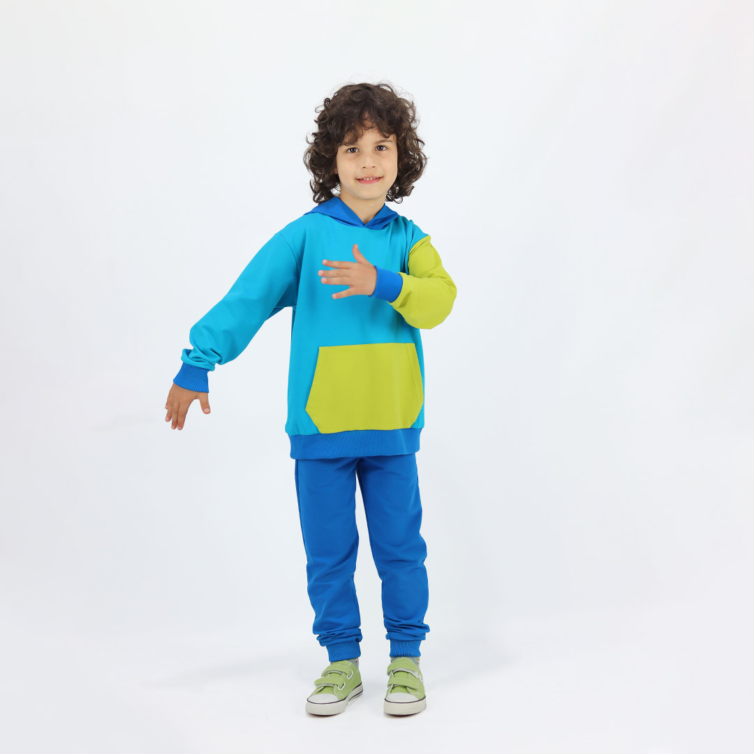 Colour Block Sweatshirt is a regular fit hooded sweatshirt with a kangaroo pocket in front. Front and back and right sleeve in electric blue colour. The hood and the hand cuffs - deep blue. The pocket and the left sleeve - bright lime. Front view, playful. Children, 3 -10 yrs. BonnyJoy