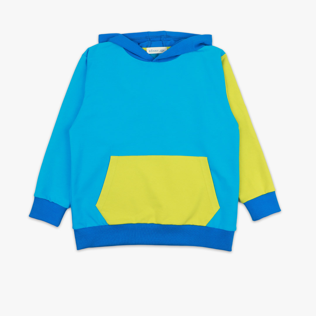 Colour Block Sweatshirt is a regular fit hooded sweatshirt with a kangaroo pocket in front. Front and back and right sleeve in electric blue colour. The hood and the hand cuffs - deep blue. The pocket and the left sleeve - bright lime. Front view, the sweatshirt itself. Children, 3 -10 yrs. BonnyJoy