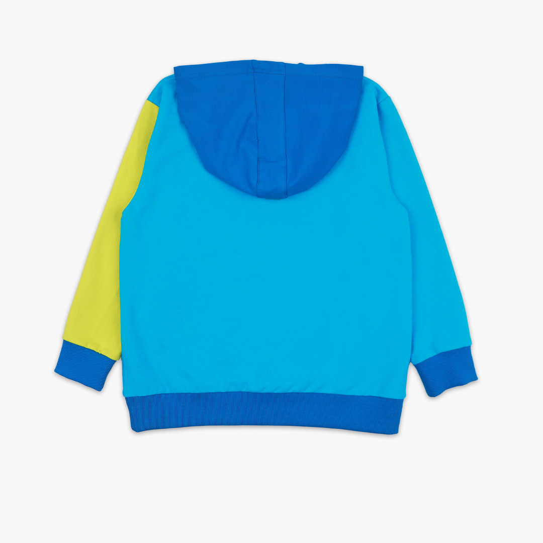 Colour Block Sweatshirt is a regular fit hooded sweatshirt with a kangaroo pocket in front. Front and back and right sleeve in electric blue colour. The hood and the hand cuffs - deep blue. The pocket and the left sleeve - bright lime. Back view, the sweatshirt itself. Children, 3 -10 yrs. BonnyJoy