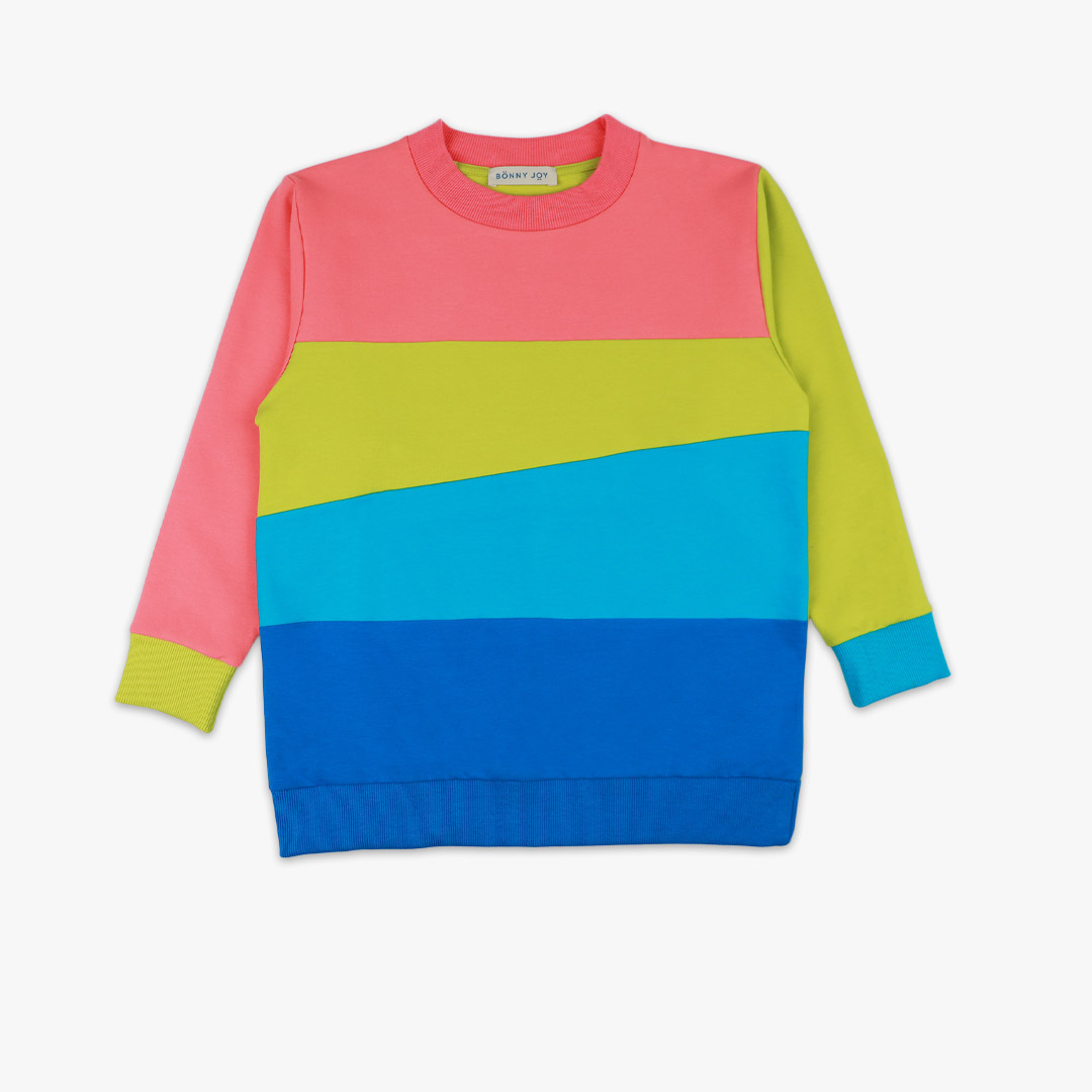 Four-Colour Sweatshirt is a regular fit top with colour block design. Right arm and the top part - salmon, left arm and the chest part - bright lime, belly part - electric blue, bottom part and the ribbed bottom hem - deep blue. The ribbed hand cuffs on the right is bright lime, on the left is electric blue. Front view, the sweatshirt itself. Children, 3 -10 yrs. BonnyJoy