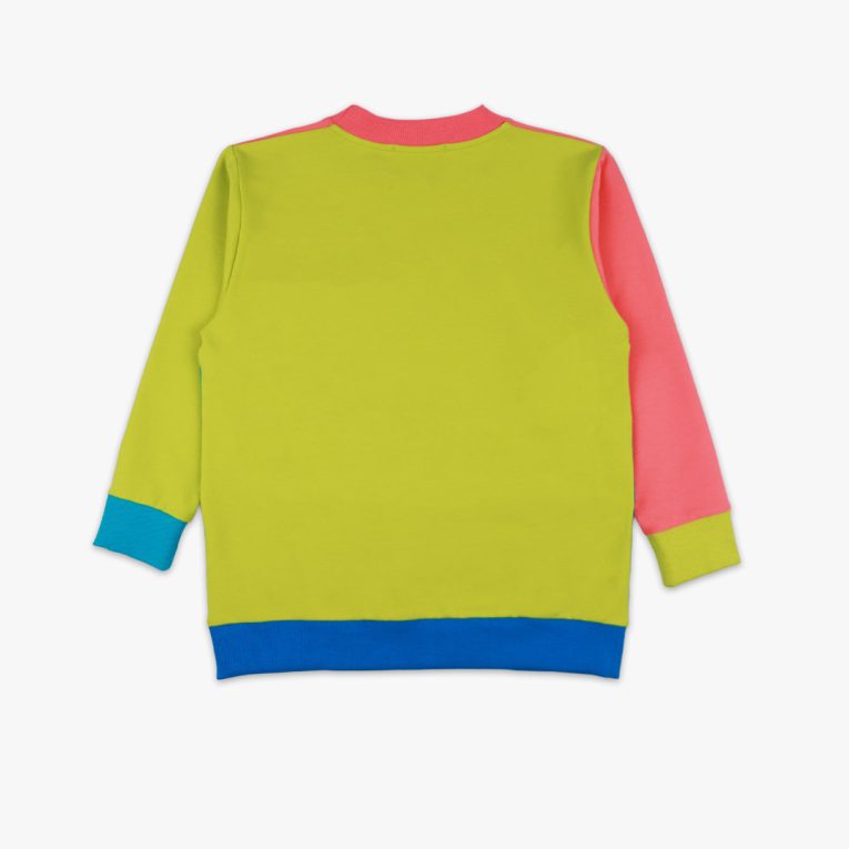 Four-Colour Sweatshirt is a regular fit top with colour block design. Right arm and the top part - salmon, left arm and the chest part - bright lime, belly part - electric blue, bottom part and the ribbed bottom hem - deep blue. The ribbed hand cuffs on the right is bright lime, on the left is electric blue. Back view. Children, 3 -10 yrs. BonnyJoy