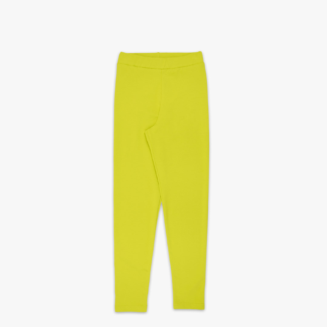 Joyful leggings are absolutely classic leggings in bright lime colour. Front view. Children, 3 -10 yrs. BonnyJoy