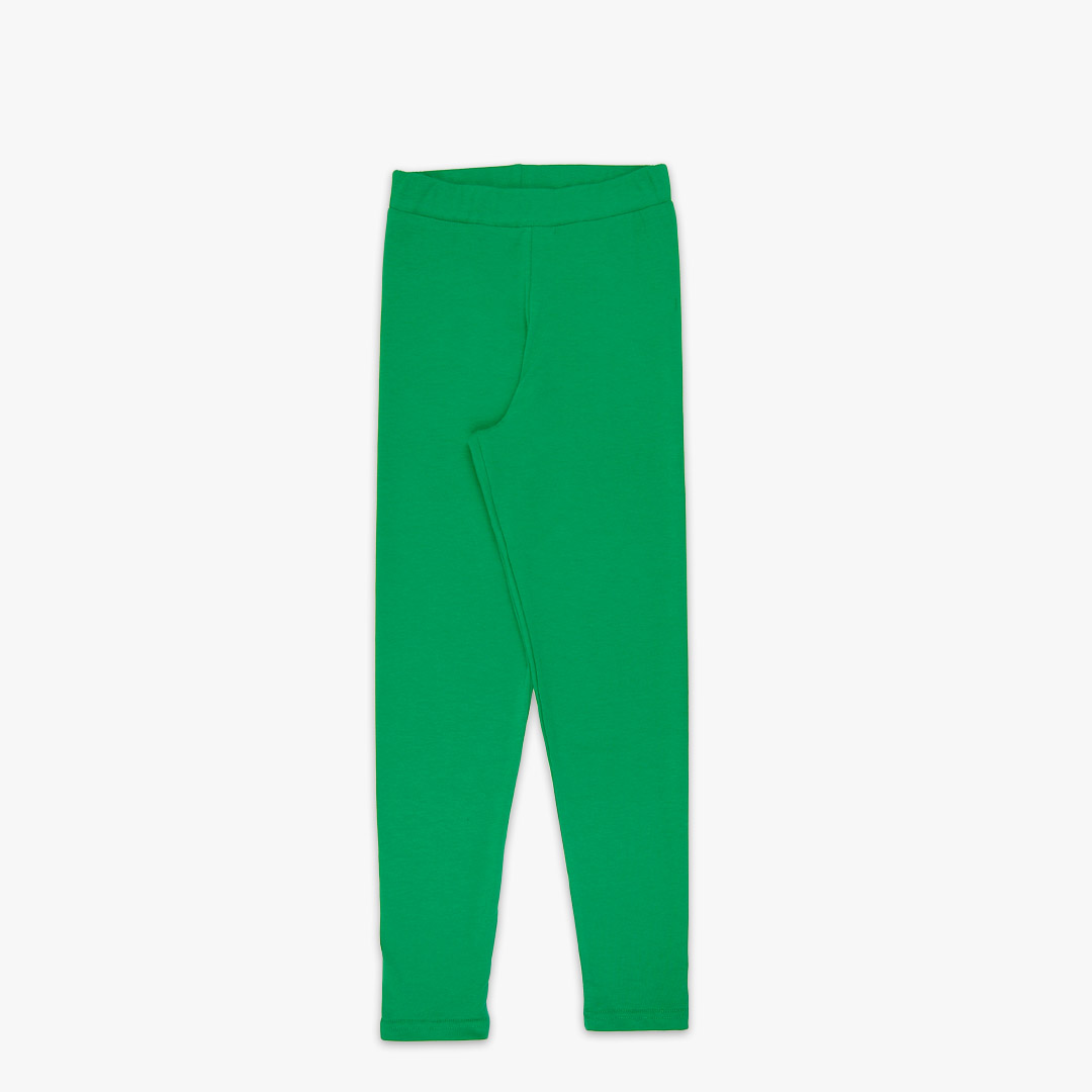 Joyful leggings are absolutely classic leggings in green colour. Front view, leggings themselves. Children, 3 -10 yrs. BonnyJoy