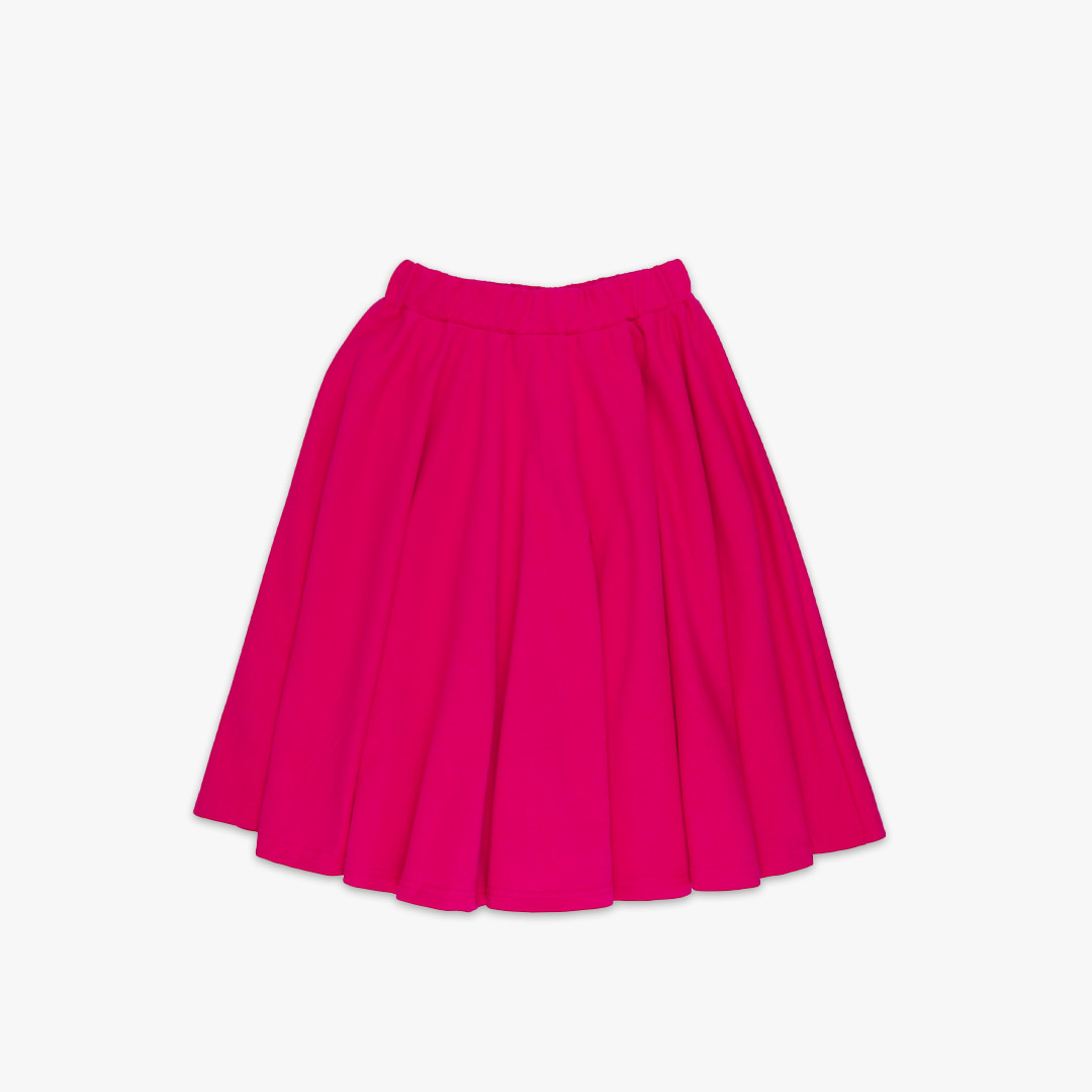 Our joyful skirt is a loose midi skirt in raspberry colour. Front view, the skirt itself. Children, 3 -10 yrs. BonnyJoy