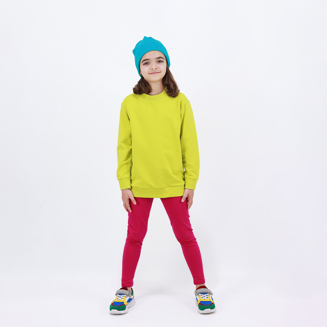 Joyful Sweatshirt is a loose fit top with minimalist design in bright lime colour that features a ribbed neck, sleeve ends and bottom hem. Front view. Children, 3 -10 yrs. BonnyJoy