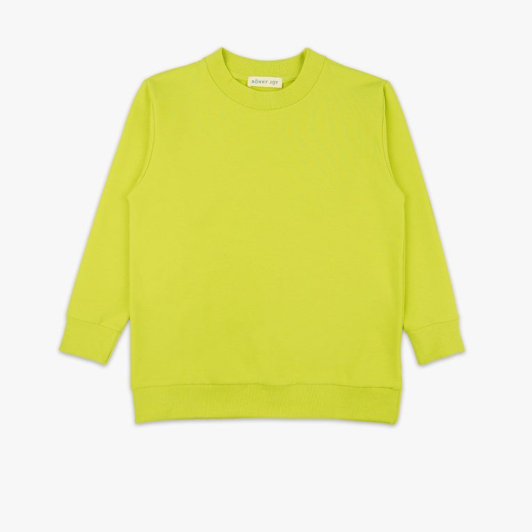 Joyful Sweatshirt is a loose fit top with minimalist design in bright lime colour that features a ribbed neck, sleeve ends and bottom hem. Front view, the sweatshirt itself. Children, 3 -10 yrs. BonnyJoy