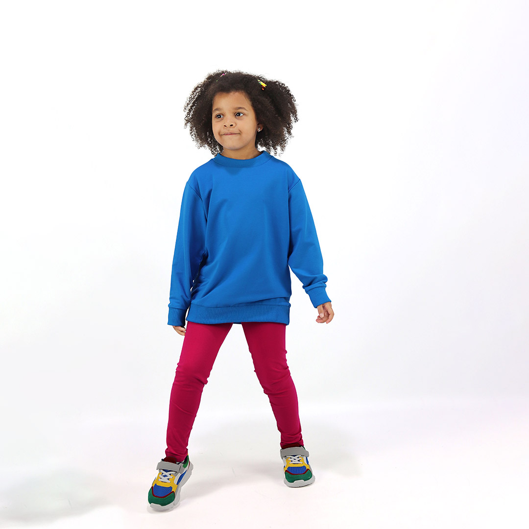 Joyful Sweatshirt is a loose fit top with minimalist design in deep blue colour that features a ribbed neck, sleeve ends and bottom hem. Front view. Children, 3 -10 yrs. BonnyJoy