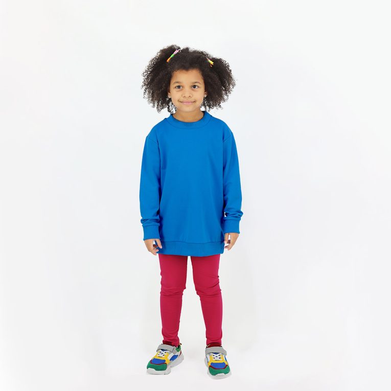 Joyful Sweatshirt is a loose fit top with minimalist design in deep blue colour that features a ribbed neck, sleeve ends and bottom hem. Another front view. Children, 3 -10 yrs. BonnyJoy