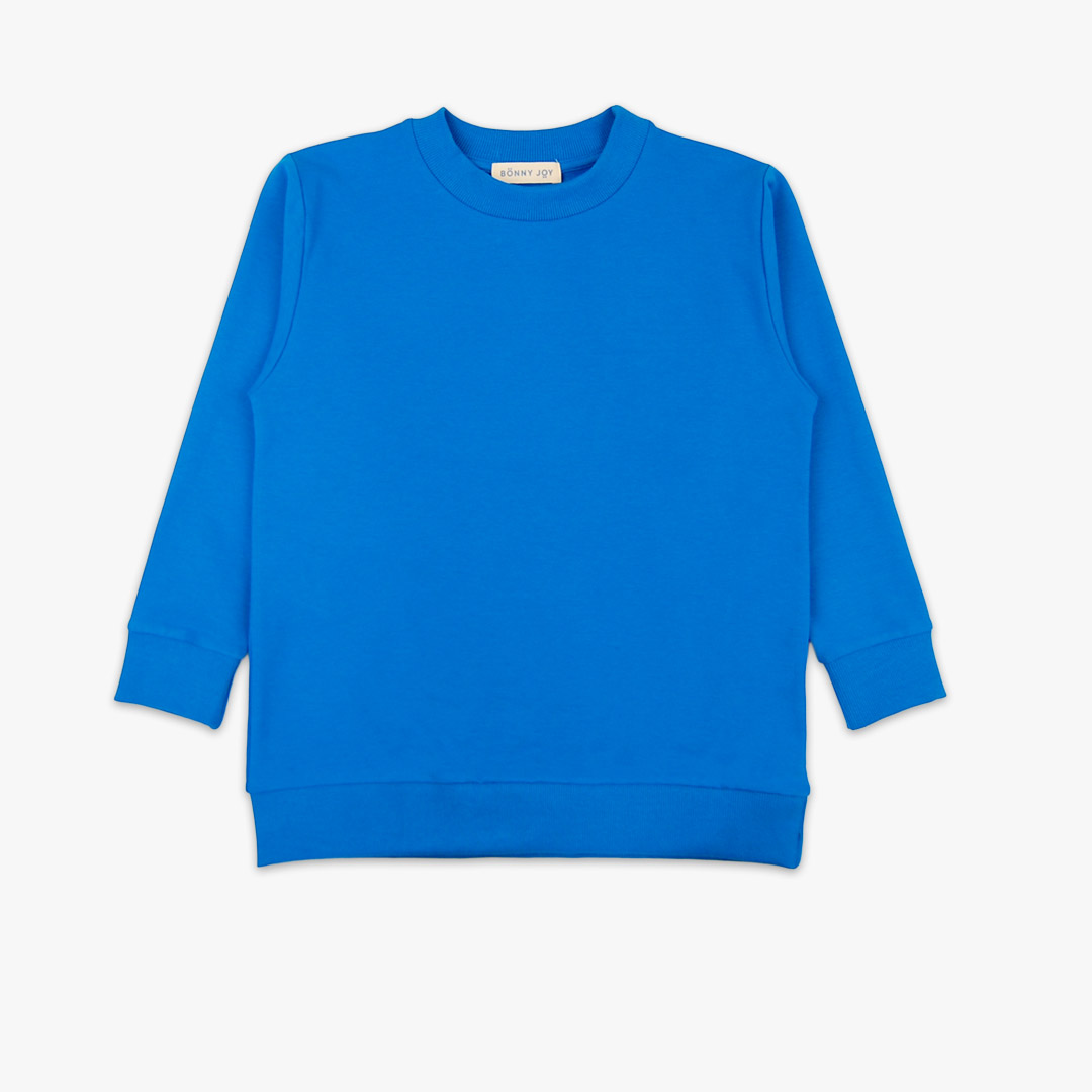 Joyful Sweatshirt is a loose fit top with minimalist design in deep blue colour that features a ribbed neck, sleeve ends and bottom hem. Front view, the sweatshirt itself. Children, 3 -10 yrs. BonnyJoy