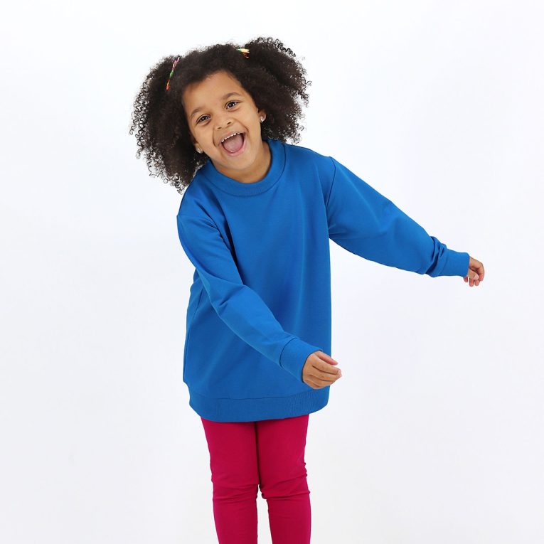 Joyful Sweatshirt is a loose fit top with minimalist design in deep blue colour that features a ribbed neck, sleeve ends and bottom hem. Children, 3 -10 yrs. BonnyJoy