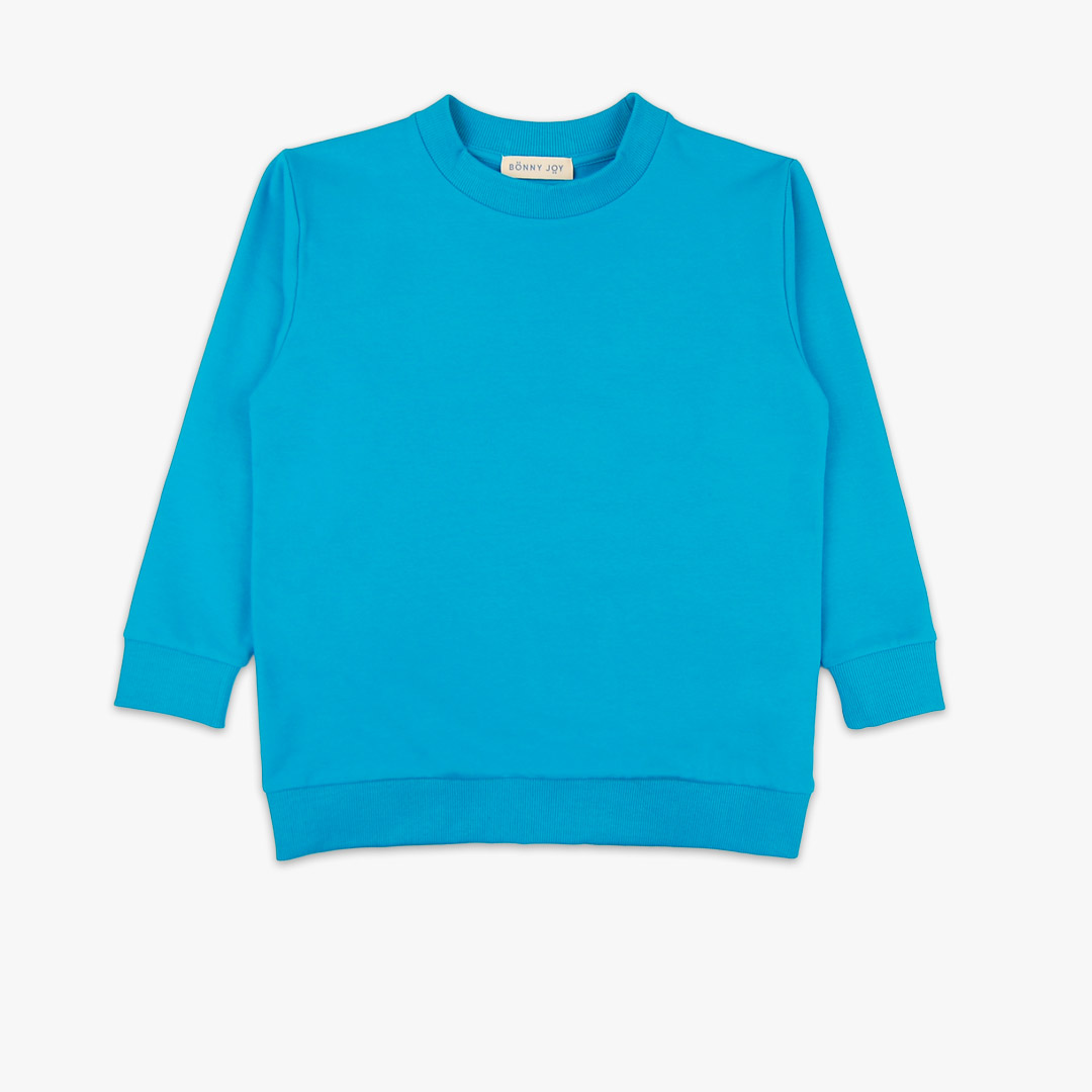 Joyful Sweatshirt is a loose fit top with minimalist design in electric blue colour that features a ribbed neck, sleeve ends and bottom hem. Front view, the sweatshirt itself. Children, 3 -10 yrs. BonnyJoy