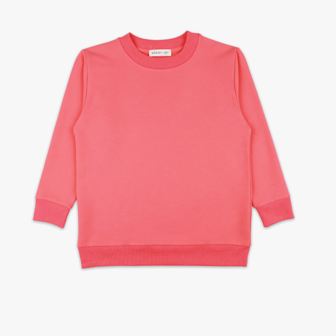 Joyful Sweatshirt is a loose fit top with minimalist design in salmon colour that features a ribbed neck, sleeve ends and bottom hem. Front view, the sweatshirt itself. Children, 3 -10 yrs. BonnyJoy