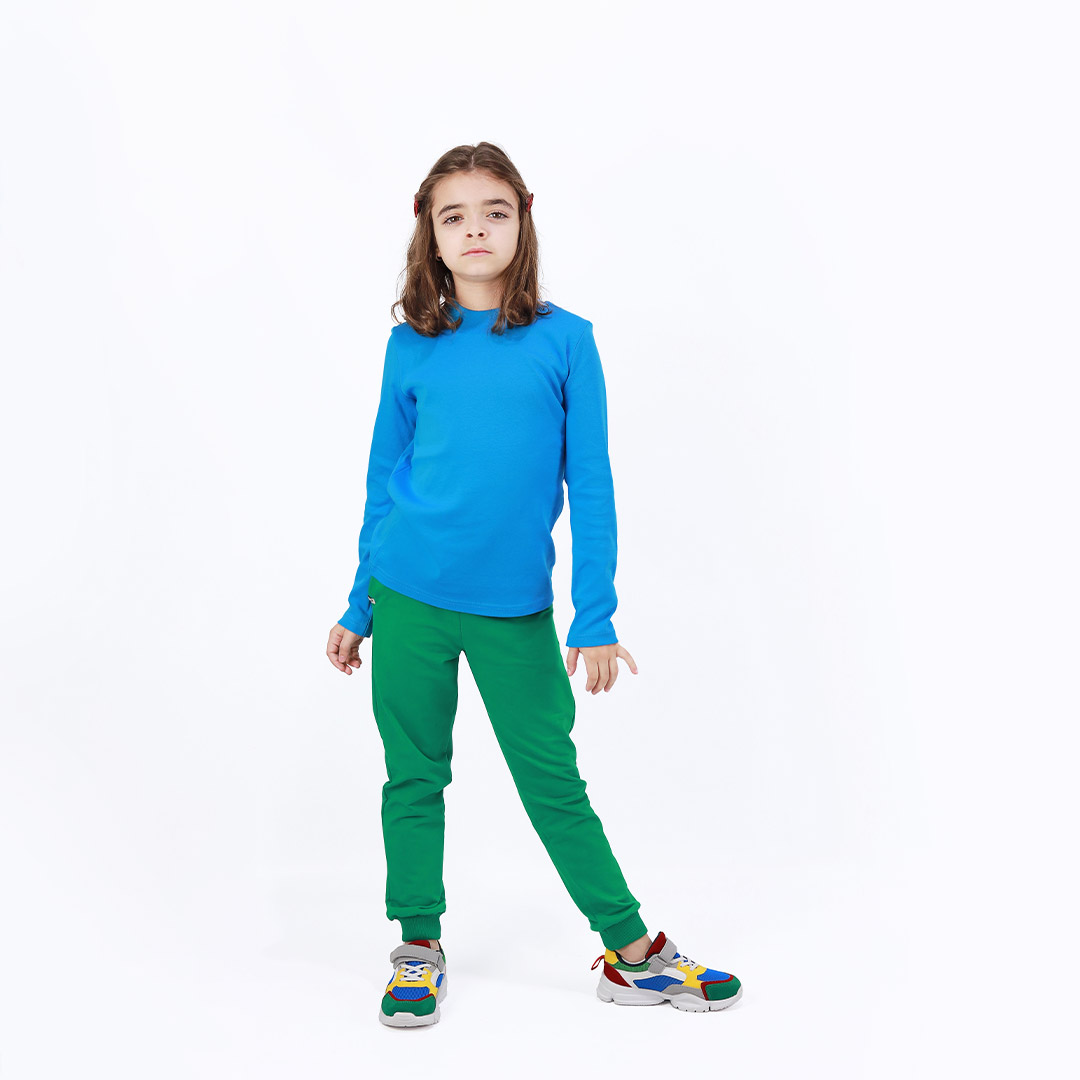 Turtleneck loose top is a classic top in blue colour. Front view. Children, 3 -10 yrs. BonnyJoy