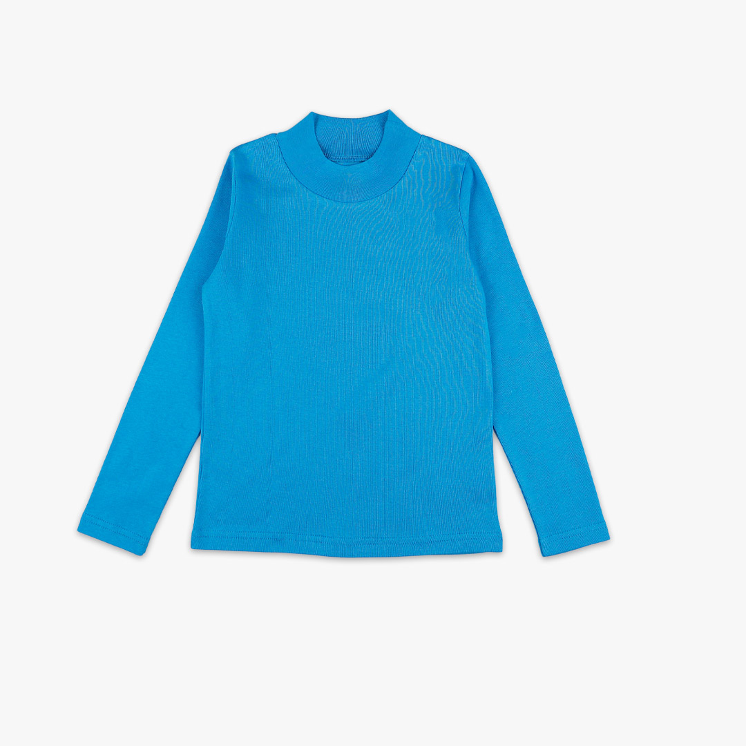 Turtleneck loose top is a classic top in blue colour. Front view, the top itself. Children, 3 -10 yrs. BonnyJoy