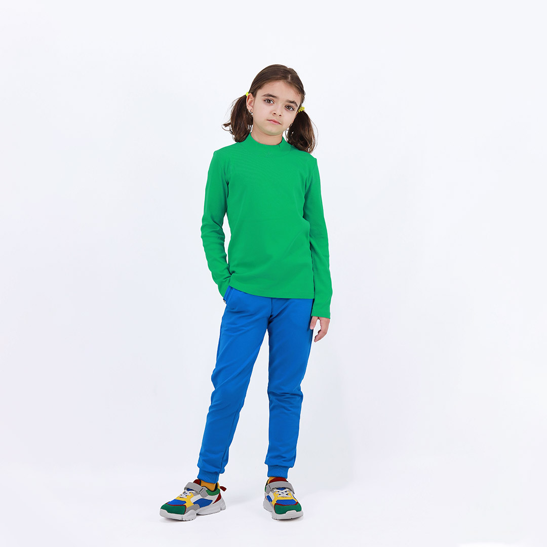 Turtleneck loose top is a classic top in green colour. Another front view. Children, 3 -10 yrs. BonnyJoy
