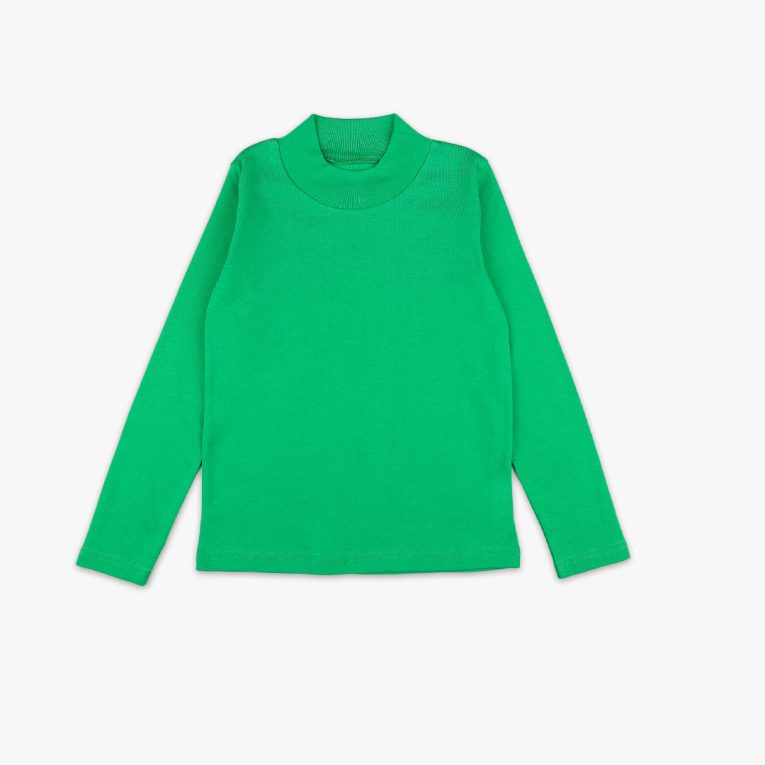 Turtleneck loose top is a classic top in green colour. Front view, the top itself. Children, 3 -10 yrs. BonnyJoy