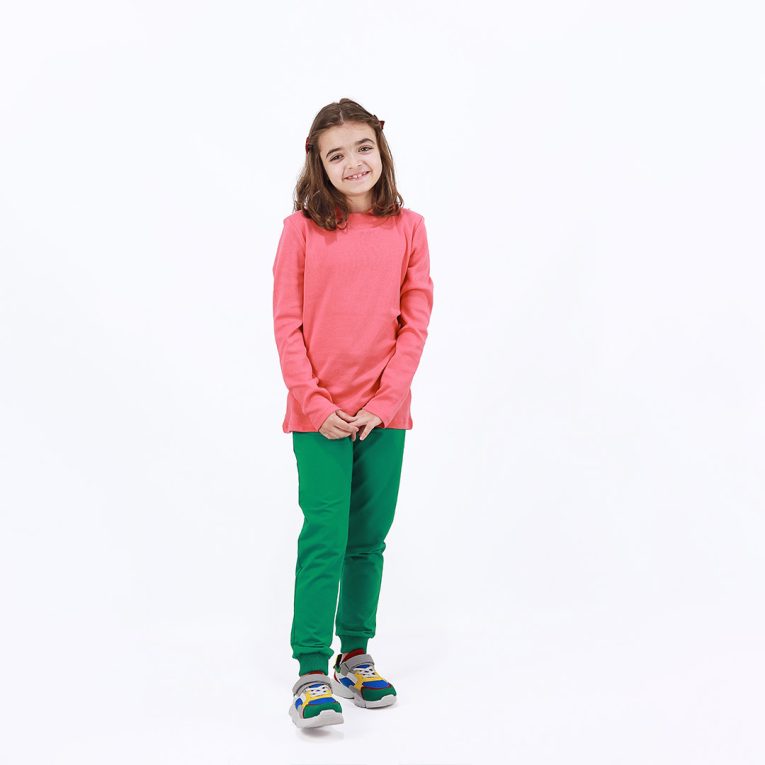 Turtleneck loose top is a classic top in salmon colour. Front view. Children, 3 -10 yrs. BonnyJoy