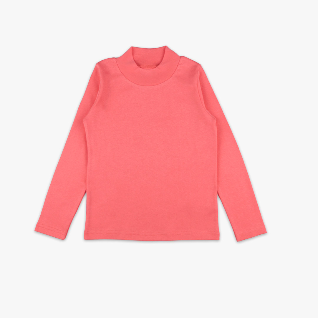 Turtleneck loose top is a classic top in salmon colour. Front view, the top itself. Children, 3 -10 yrs. BonnyJoy