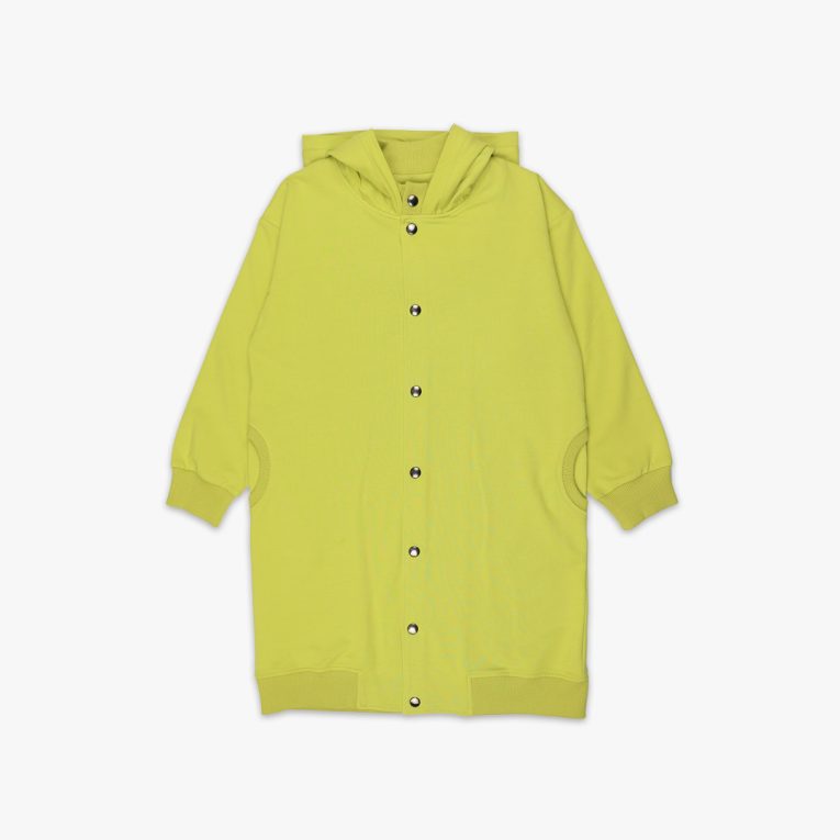 Long buttoned hoodie has a straight loose fit and minimalist design in bright lime colour. It closes up with snap buttons and features hign ribbed neck and ribbed hand cuffs and bottom hem. Front view, the hoodie itself. Children, 3 -10 yrs. BonnyJoy