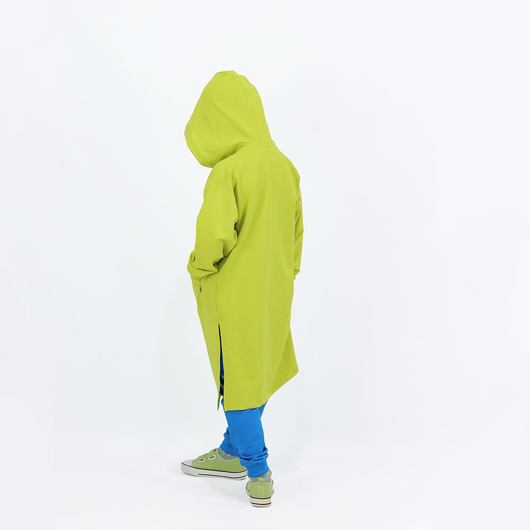 Long hoodie with high ribbed neck in bright lime colour. It features ribbed hand cuffs and a kangaroo pocket. The hoodie is a little longer on the back. Back view. Children, 3 -10 yrs. BonnyJoy