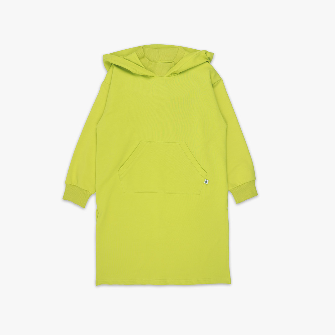 Long hoodie with high ribbed neck in bright lime colour. It features ribbed hand cuffs and a kangaroo pocket. The hoodie is a little longer on the back. Front view, the hoodie itself. Children, 3 -10 yrs. BonnyJoy