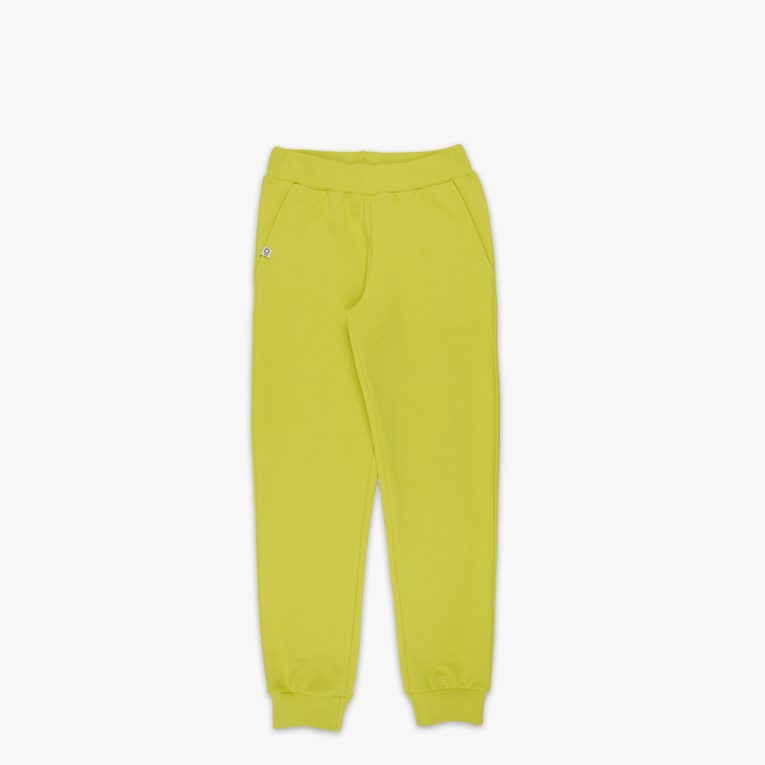 Slim fit joggers is a pair of sweatpants with two Italian type side pockets, ribbed waist and cuffs. The whole pair is in one distinctive colour - bright lime. Front view. Children, 3 -10 yrs. BonnyJoy