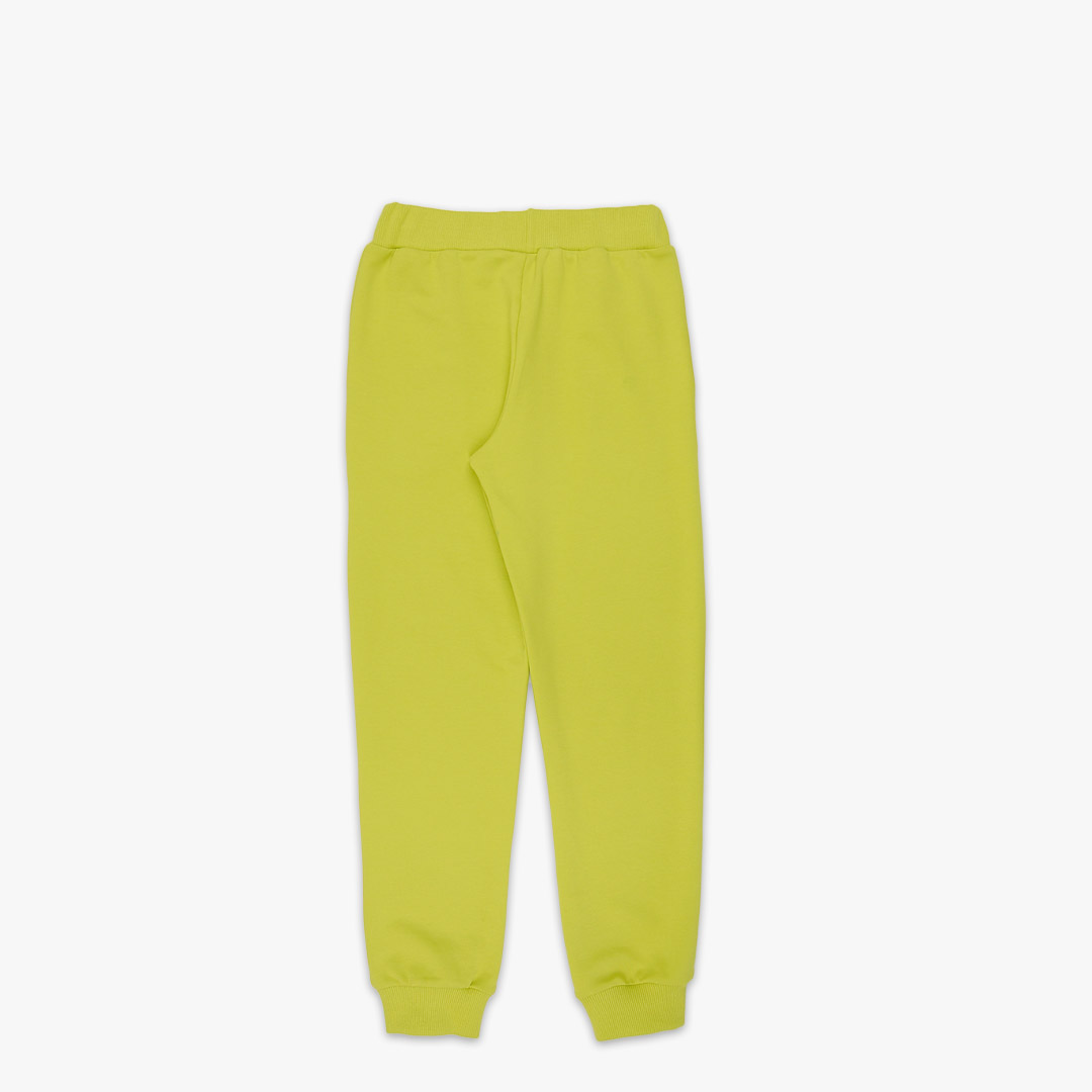 Slim fit joggers is a pair of sweatpants with two Italian type side pockets, ribbed waist and cuffs. The whole pair is in one distinctive colour - bright lime. Back view. Children, 3 -10 yrs. BonnyJoy