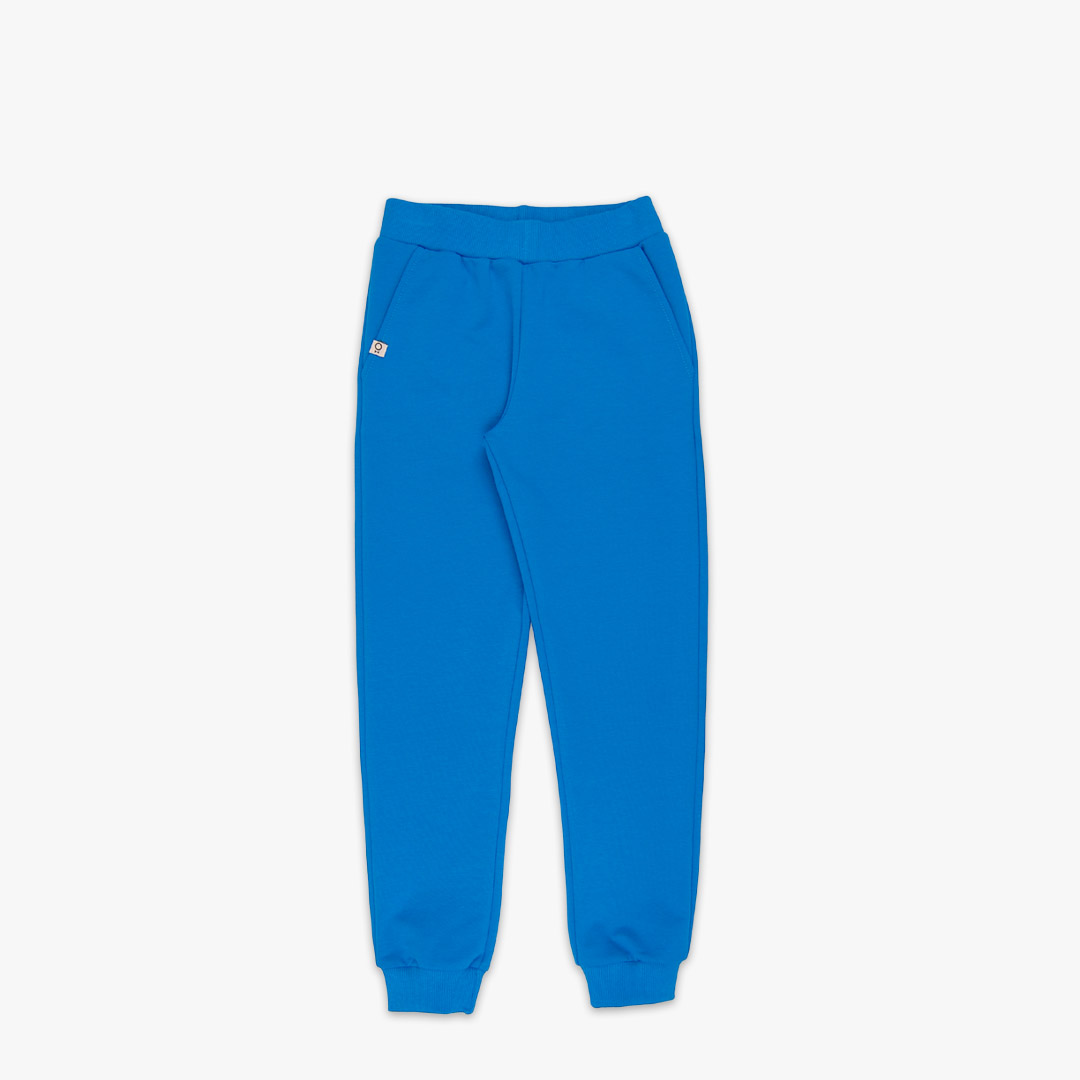 Slim fit joggers is a pair of sweatpants with two Italian type side pockets, ribbed waist and cuffs. The whole pair is in one distinctive colour - deep blue. Front view, joggers themselves. Children, 3 -10 yrs. BonnyJoy