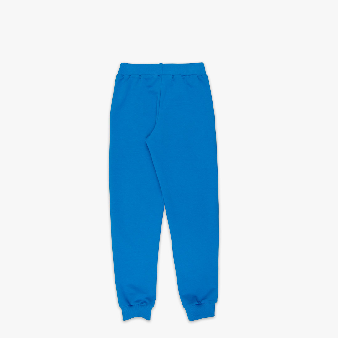 Slim fit joggers is a pair of sweatpants with two Italian type side pockets, ribbed waist and cuffs. The whole pair is in one distinctive colour - deep blue. Back view. Children, 3 -10 yrs. BonnyJoy