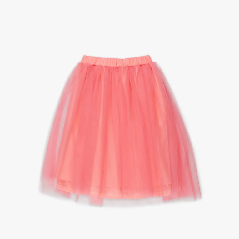 Our tulle skirt is a loose falling skirt made from tulle outside and jersey inside in salmon colour. Front view, the skirt itself. Children, 3 -10 yrs. BonnyJoy