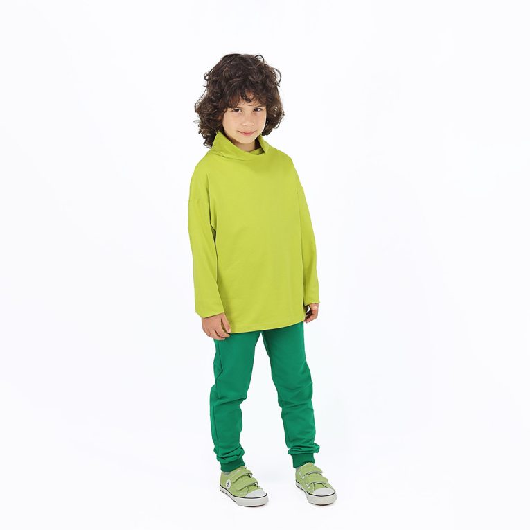 Turtleneck loose top is a classic top loose on the neck in bright lime colour. Front view. Children, 3 -10 yrs. BonnyJoy