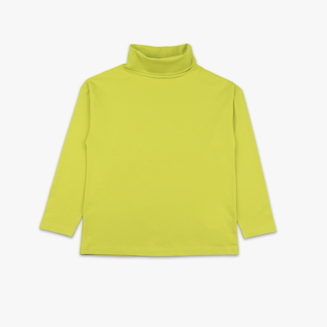 Turtleneck loose top is a classic top loose on the neck in bright lime colour. Front view, the top itself. Children, 3 -10 yrs. BonnyJoy