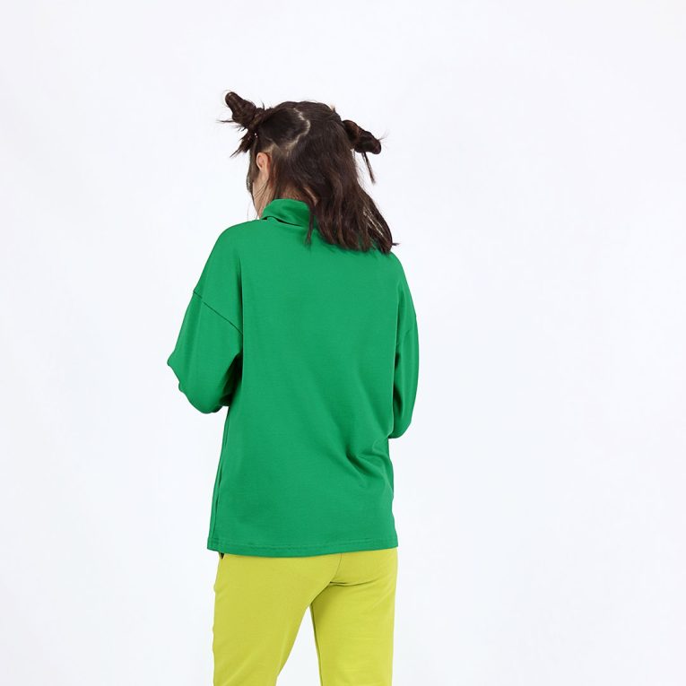 Turtleneck loose top is a classic top loose on the neck in green colour. Back view. Children, 3 -10 yrs. BonnyJoy