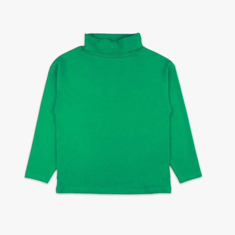 Turtleneck loose top is a classic top loose on the neck in green colour. Front view, the top itself. Children, 3 -10 yrs. BonnyJoy