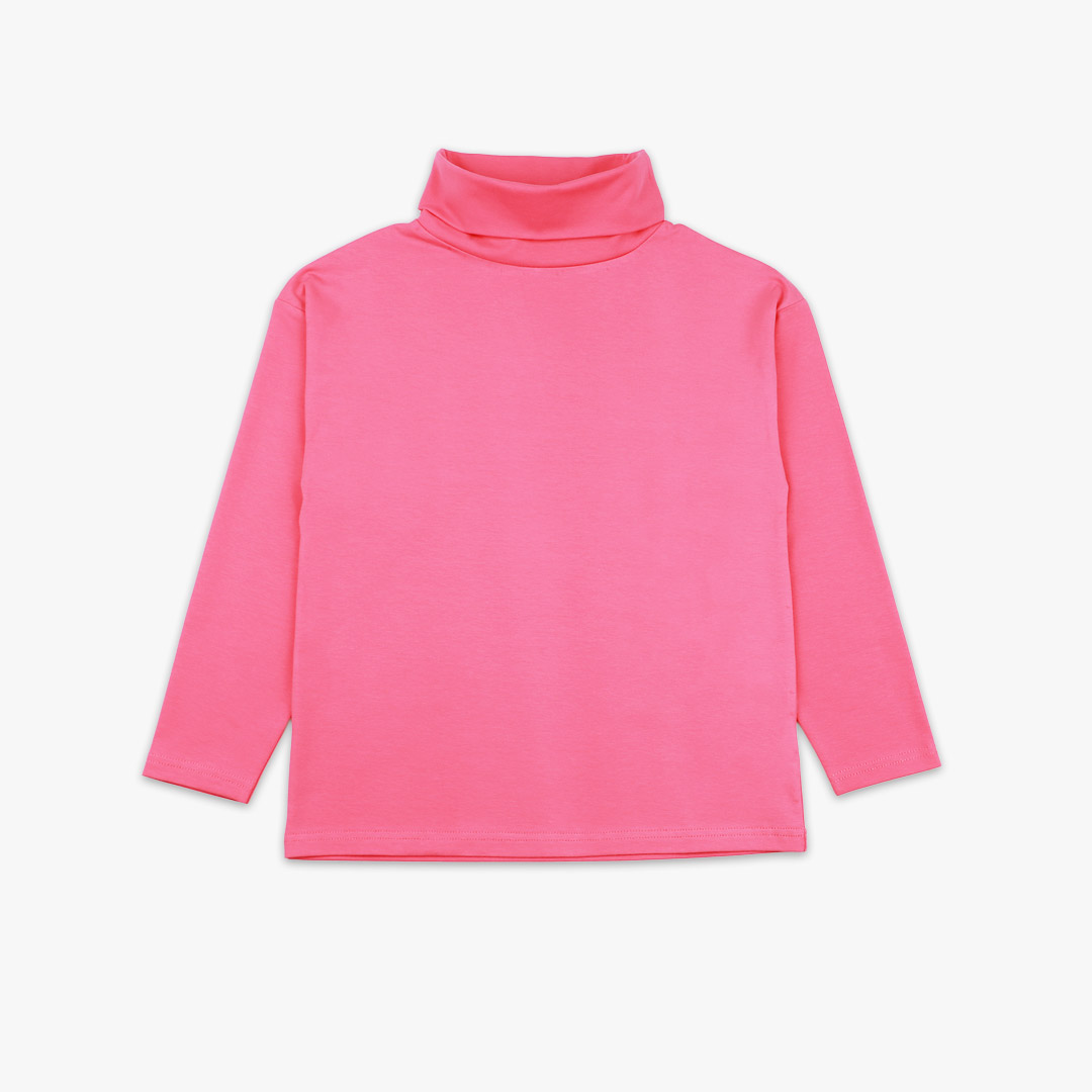 Turtleneck loose top is a classic top loose on the neck in pink colour. Front view, the top itself. Children, 3 -10 yrs. BonnyJoy