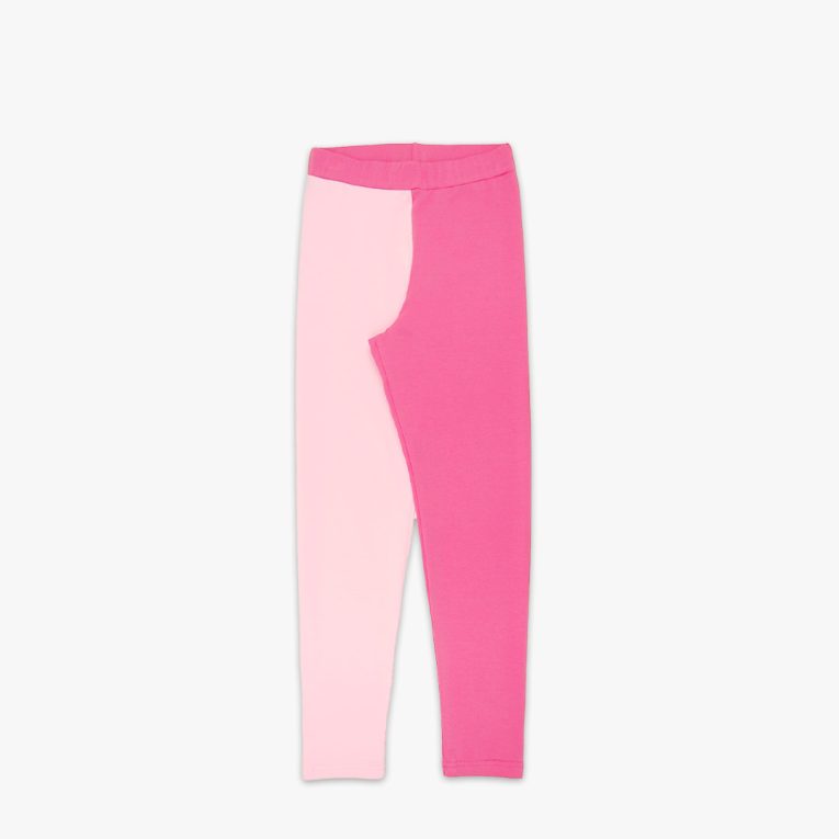 Two-colour leggings with two different colour legs. Left leg is light pink, right leg is pink and light pink weist. Front view. Children, 3 -10 yrs. BonnyJoy