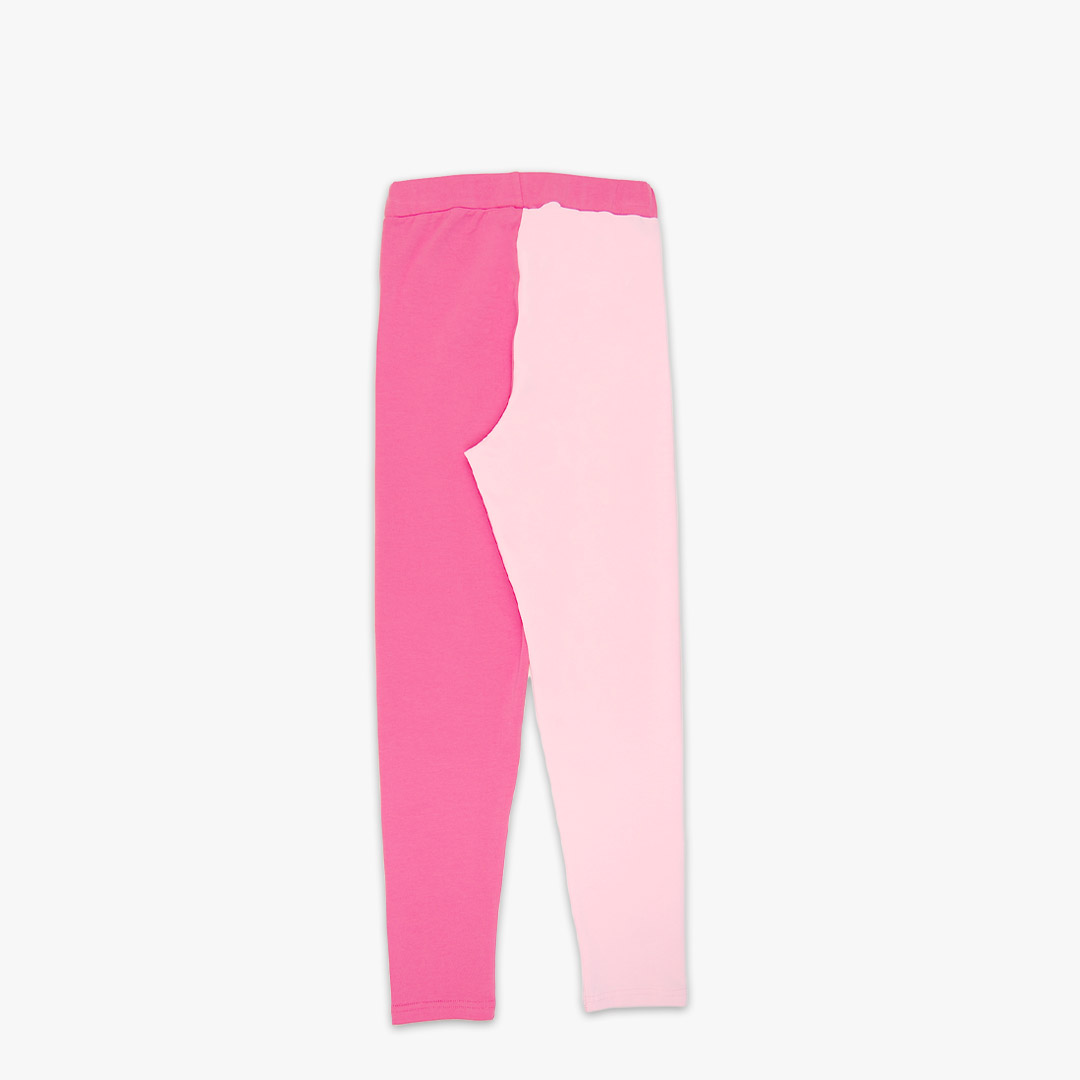 Two-colour leggings with two different colour legs. Left leg is light pink, right leg is pink and light pink weist. Back view. Children, 3 -10 yrs. BonnyJoy
