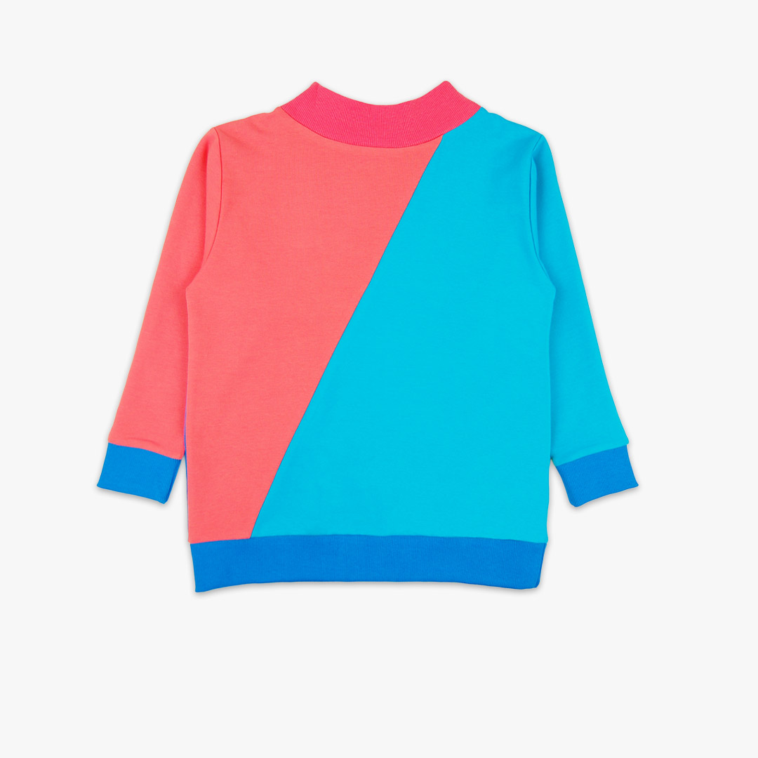 Two-Way Sweatshirt you could wear back on front and the way round. Mix of colours on both sides and diagonal cut on the front and the back. On one side - one sleeve and one diagonal half - salmon, the other sleeve and the other diagonal half - electric blue. On the other side - one sleeve and half - bright lime and the other sleeve and other half - deep blue. Front or back view. Children, 3 -10 yrs. BonnyJoy