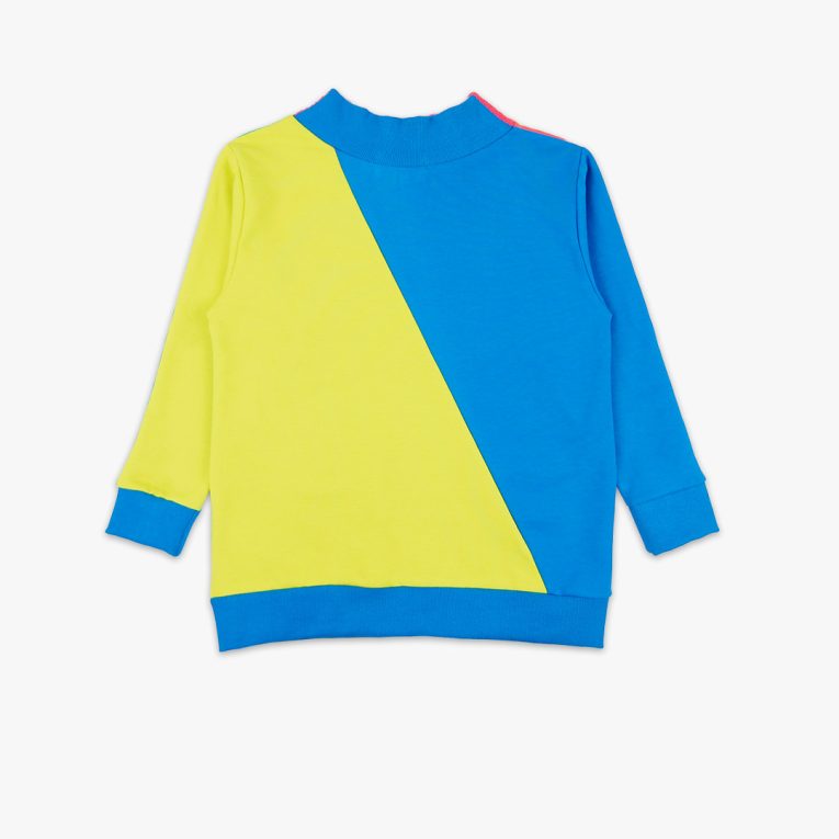 Two-Way Sweatshirt you could wear back on front and the way round. Mix of colours on both sides and diagonal cut on the front and the back. On one side - one sleeve and one diagonal half - salmon, the other sleeve and the other diagonal half - electric blue. On the other side - one sleeve and half - bright lime and the other sleeve and other half - deep blue. Front or back on the other side. Children, 3 -10 yrs. BonnyJoy