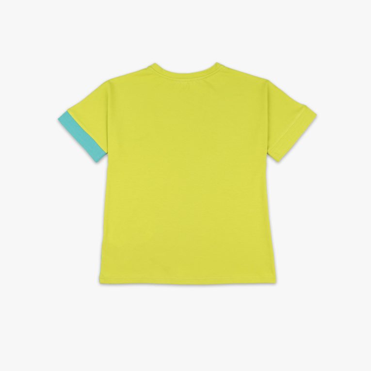 Our two-way top is a loose fit top with short sleeves in two colours. On one side is bright lime, on the other - blue colour. You could wear it front on the back and the other way round. Bright lime in front, the top itself. Children, 3 -10 yrs. BonnyJoy